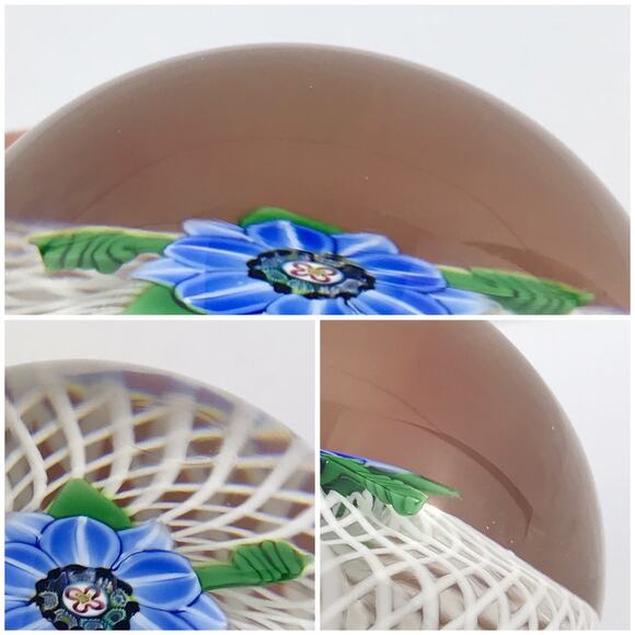 Perthshire 1985A Miniature Blue Flower Spiral Latticinio Cushion Paperweight - Picture 14 of 14